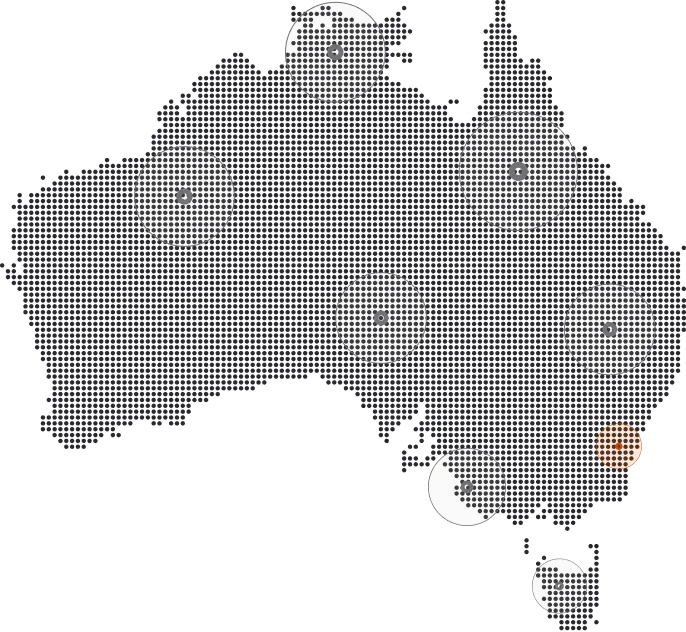 Map of Australia with seven locations marked by circular dotted patterns, one highlighted in orange on the east coast.